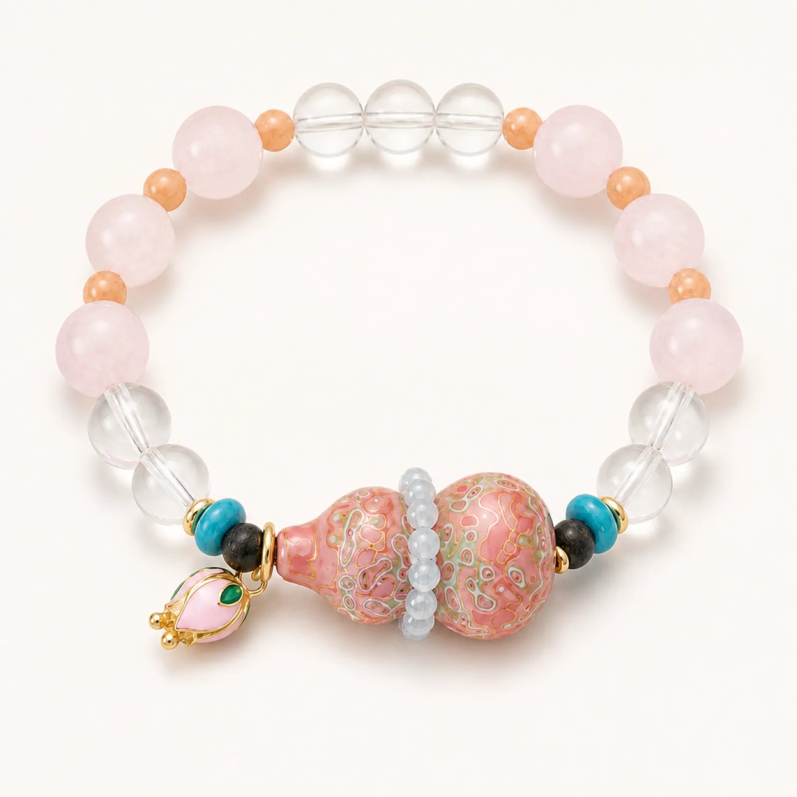Rose Quartz & Multi-Gemstone Bracelet with Lacquerware Double Gourd Pendant - detail view 2