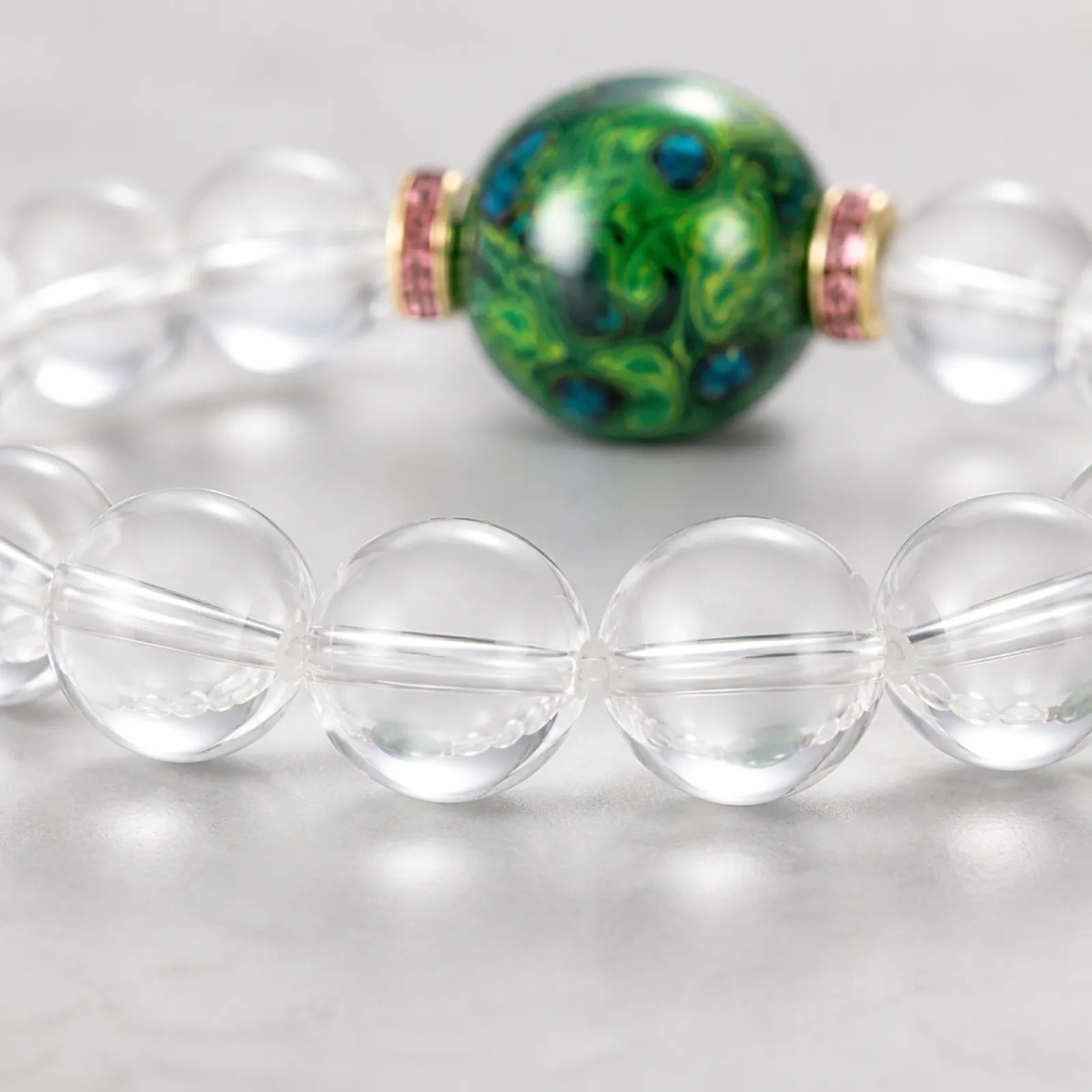 Clear Quartz & Green Lacquerware Bead Bracelet with Crystal Spacers - detail view 2