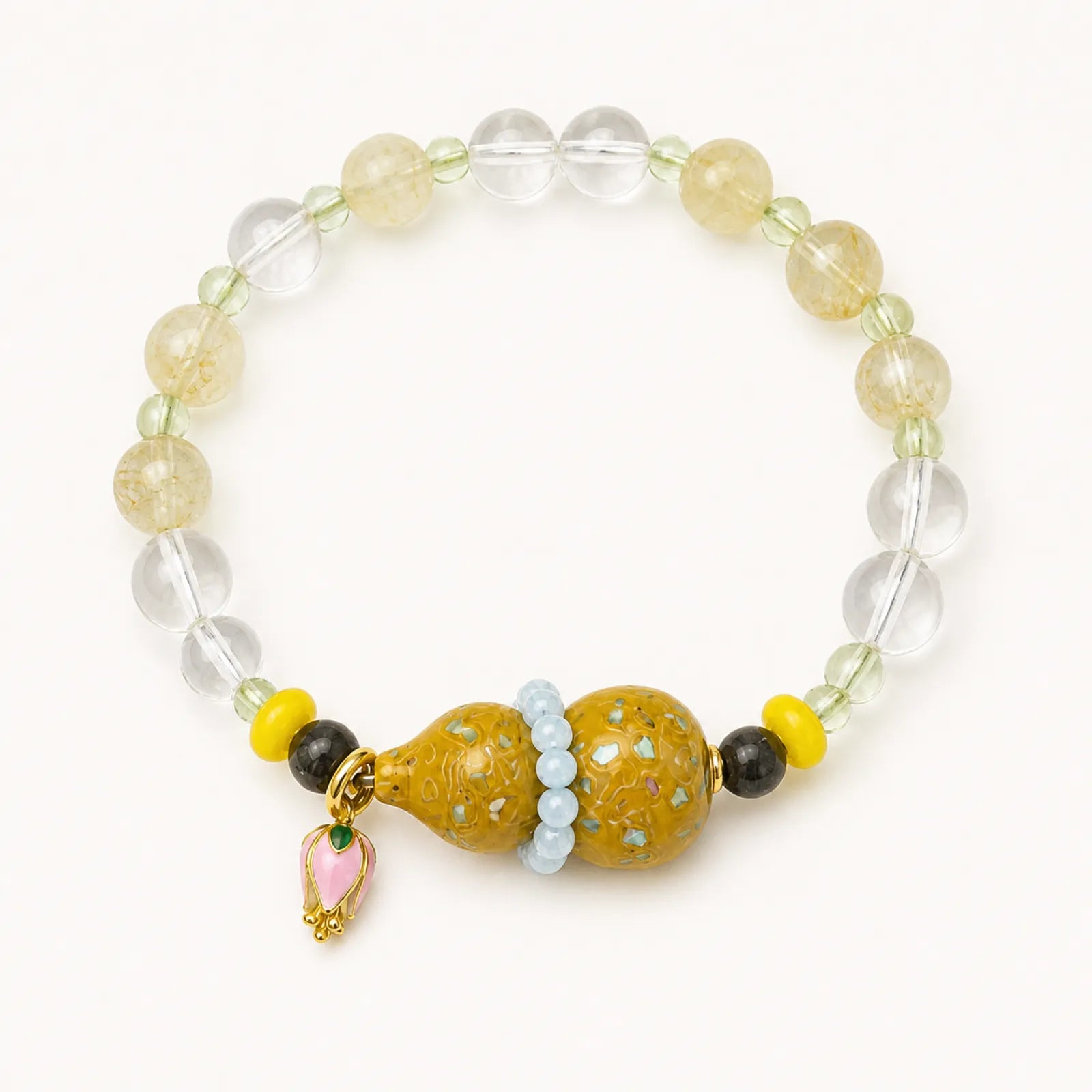 Clear & Citrine Quartz Bracelet with Yellow Lacquerware Double Gourd Pendant - detail view 2