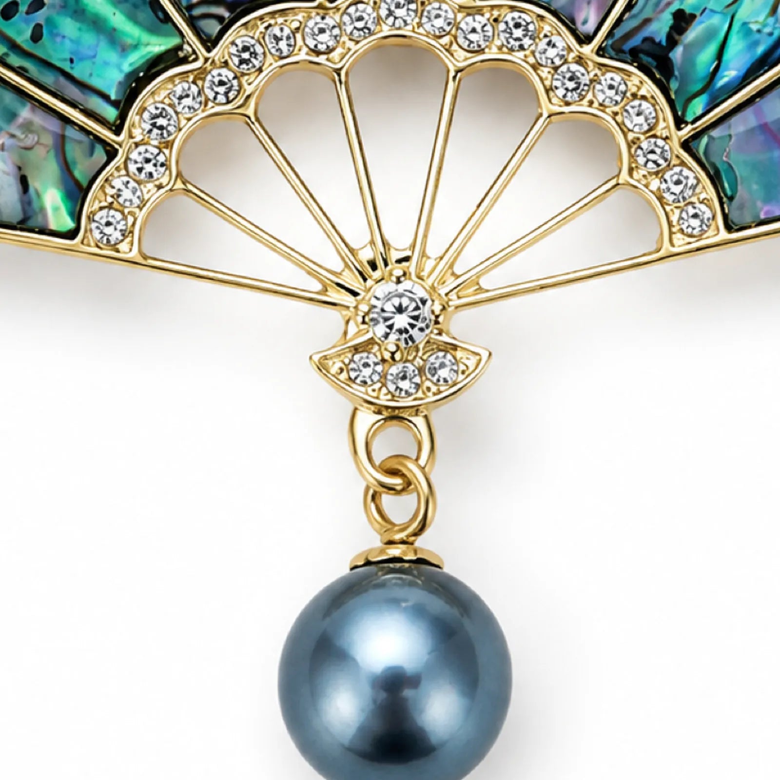 Abalone Shell Fan Pendant with Crystal Accents & Pearl Drop - detail view 2