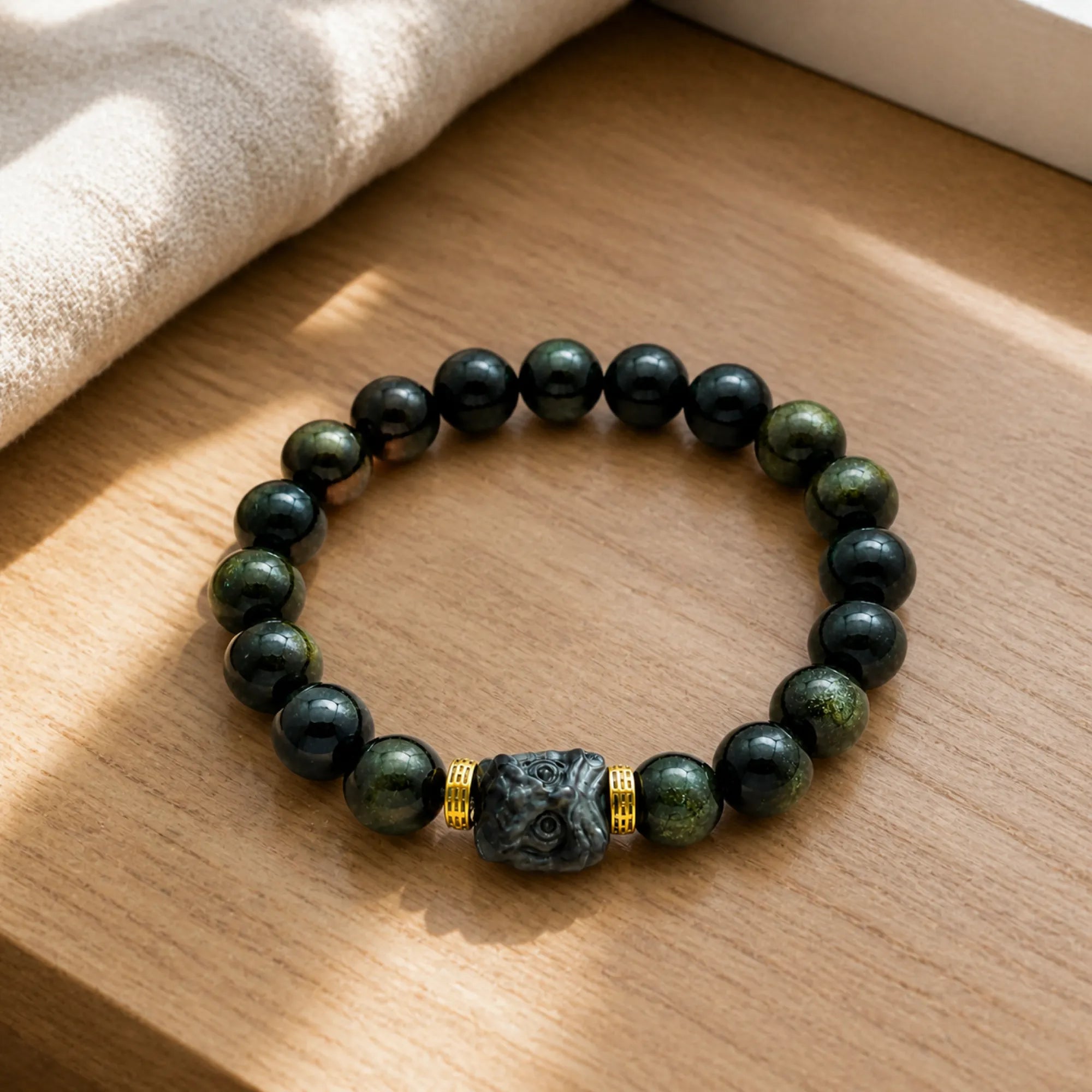 Guardian Deity Carved Bracelet | Black Obsidian & 18K Gold - lifestyle scene 3