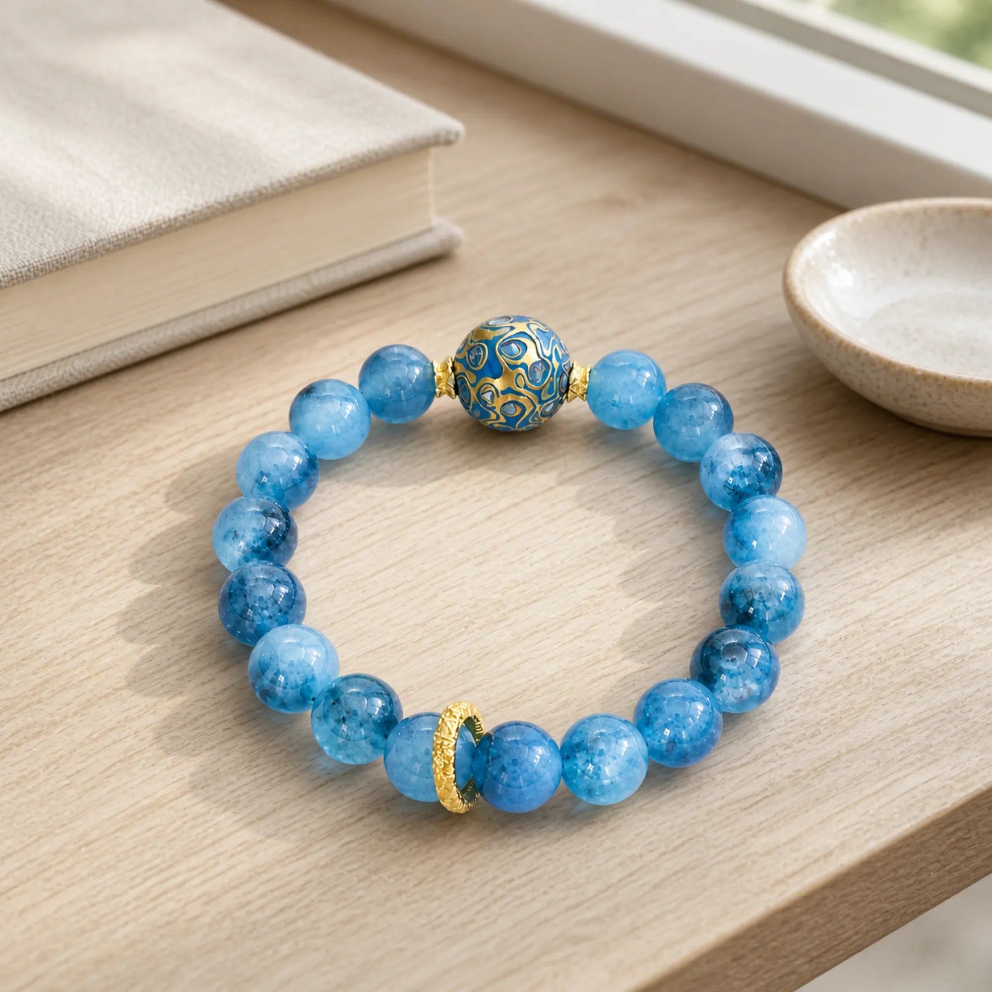 Blue Chalcedony & Lacquerware Bead Bracelet with Brass Accents - lifestyle scene 2