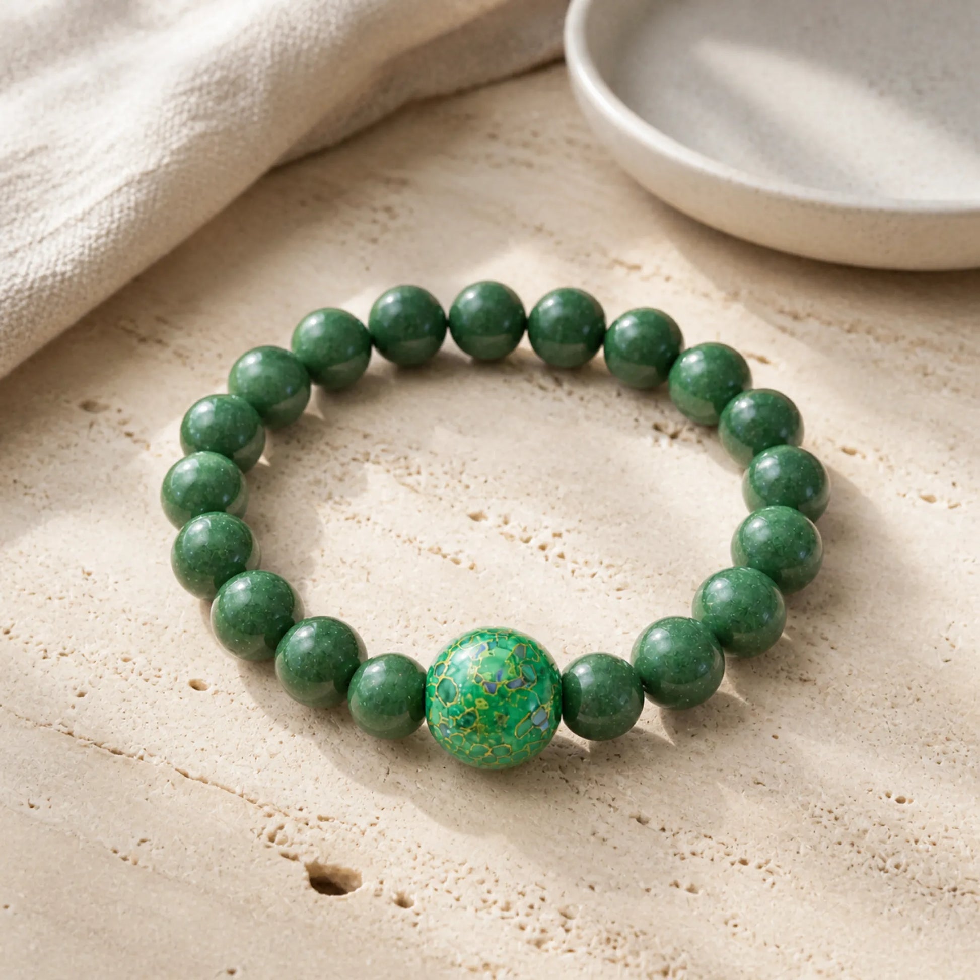 Lacquerware & Aromatic Herbal Beaded Stretch Bracelet — Green Yuzu Luck - lifestyle scene 2