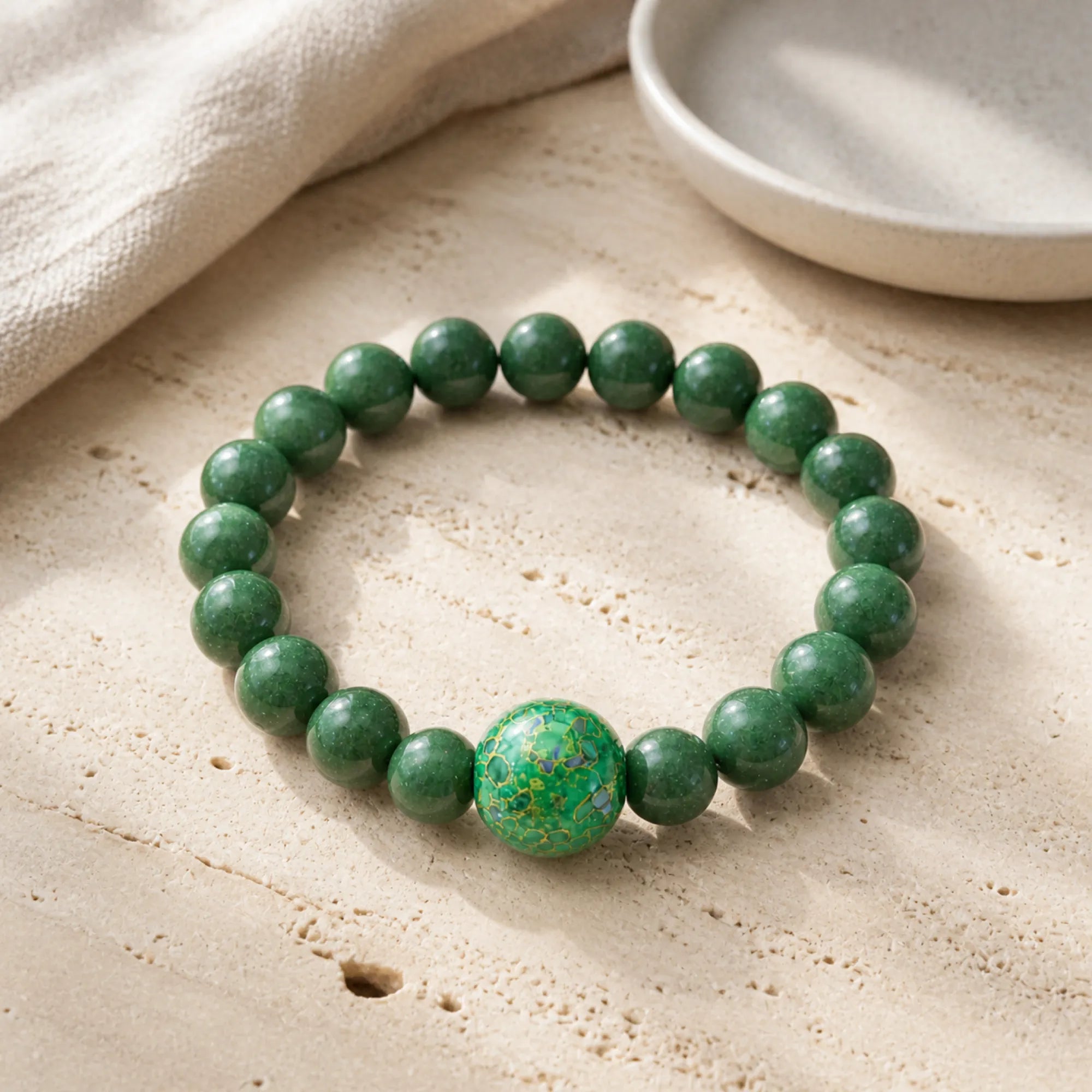 Lacquerware & Aromatic Herbal Beaded Stretch Bracelet — Green Yuzu Luck - lifestyle scene 2