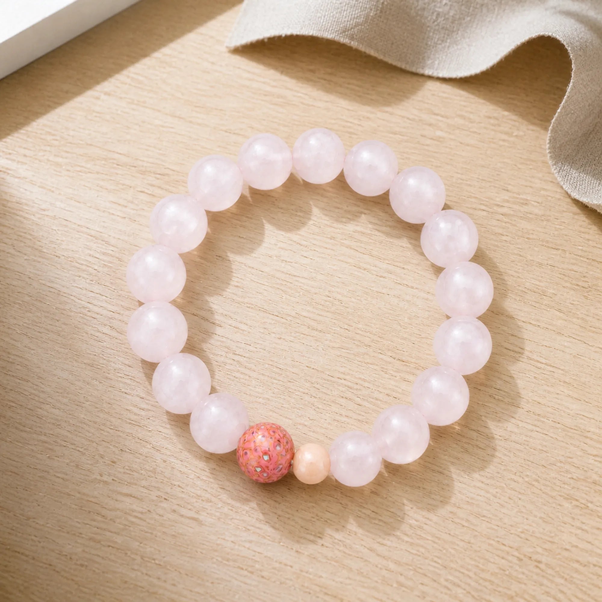Lacquerware & Rose Quartz Beaded Stretch Bracelet - lifestyle scene 2