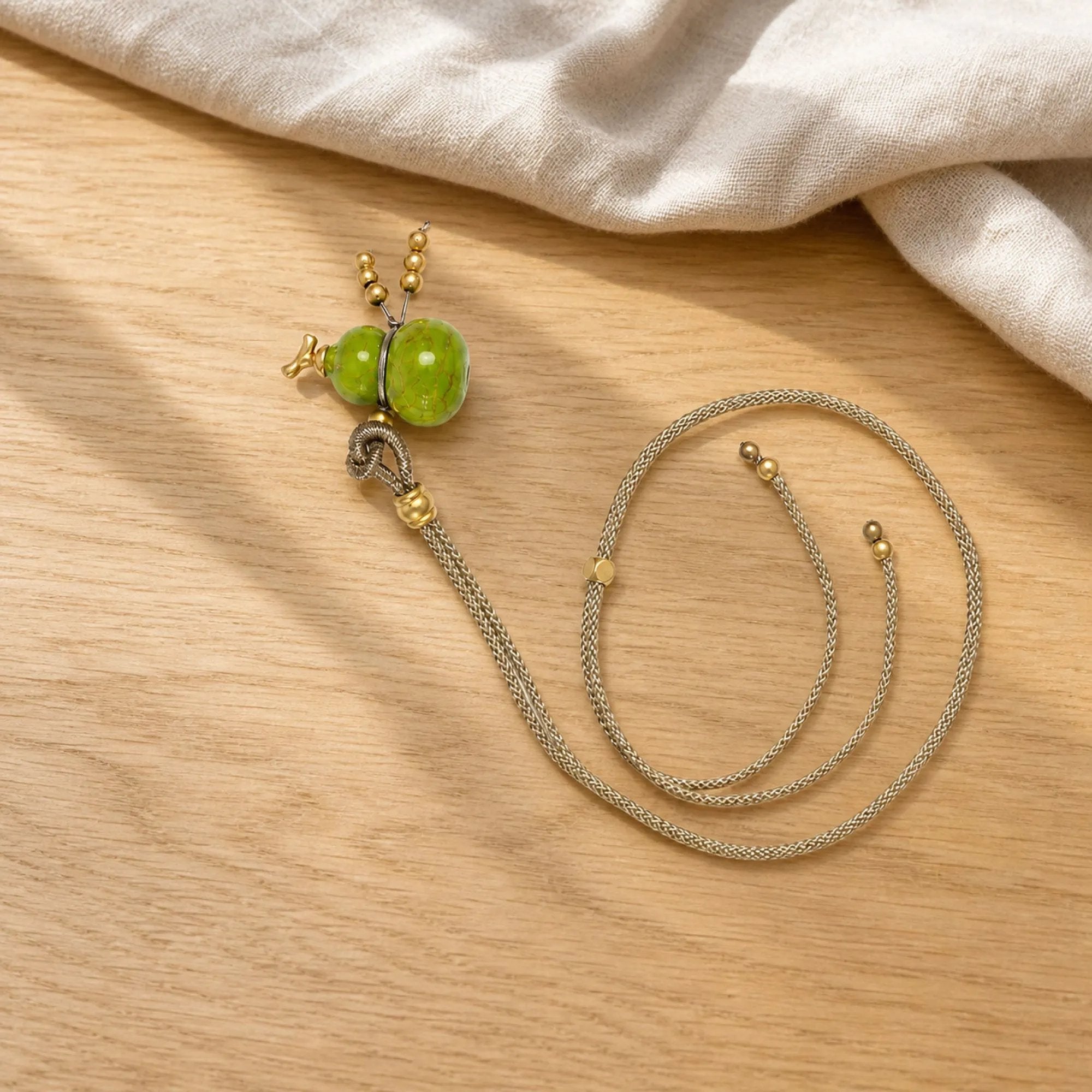 Chinese Lacquerware Gourd Necklace - Sage Green
