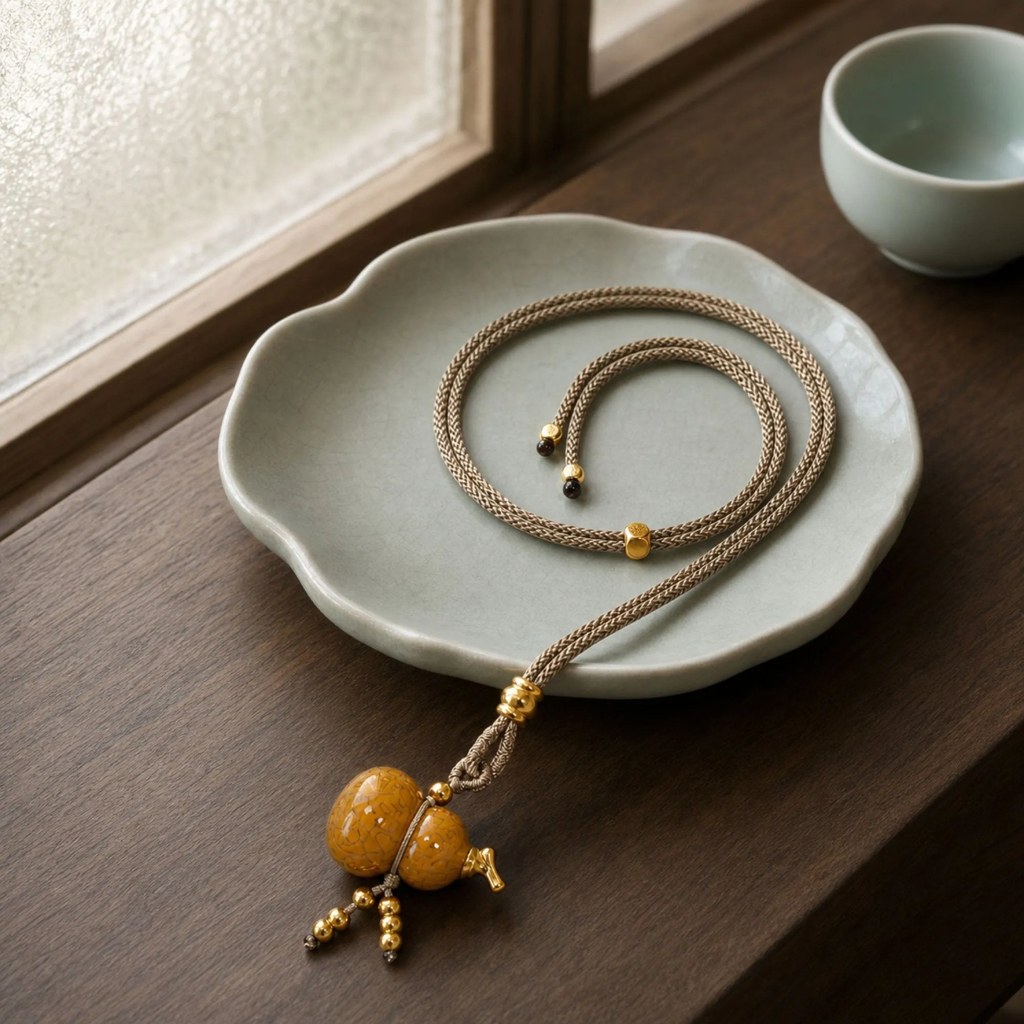 Chinese Lacquerware Gourd Necklace - Earthy Yellow