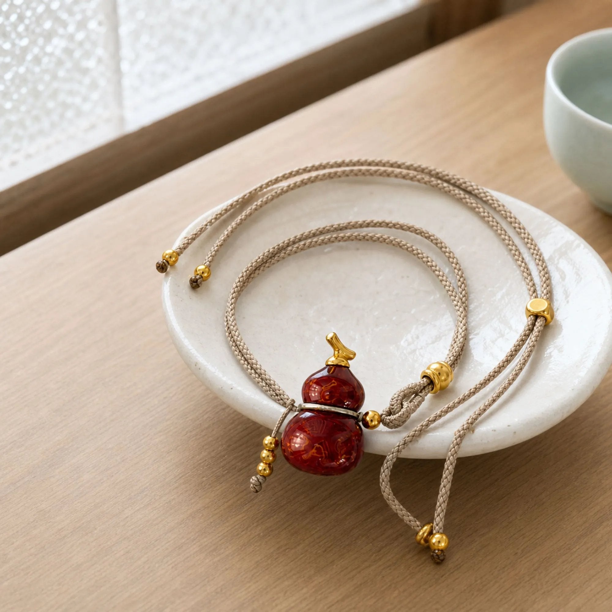 Chinese Lacquerware Gourd Necklace - Jujube Red