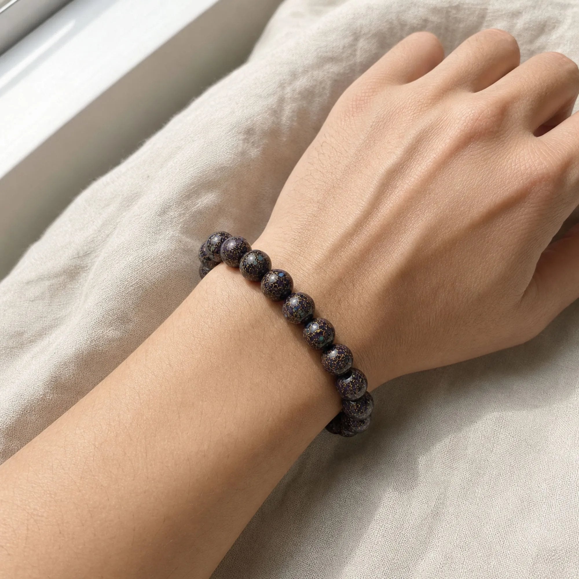 Chinese Lacquerware Beaded Bracelet - Plum Black