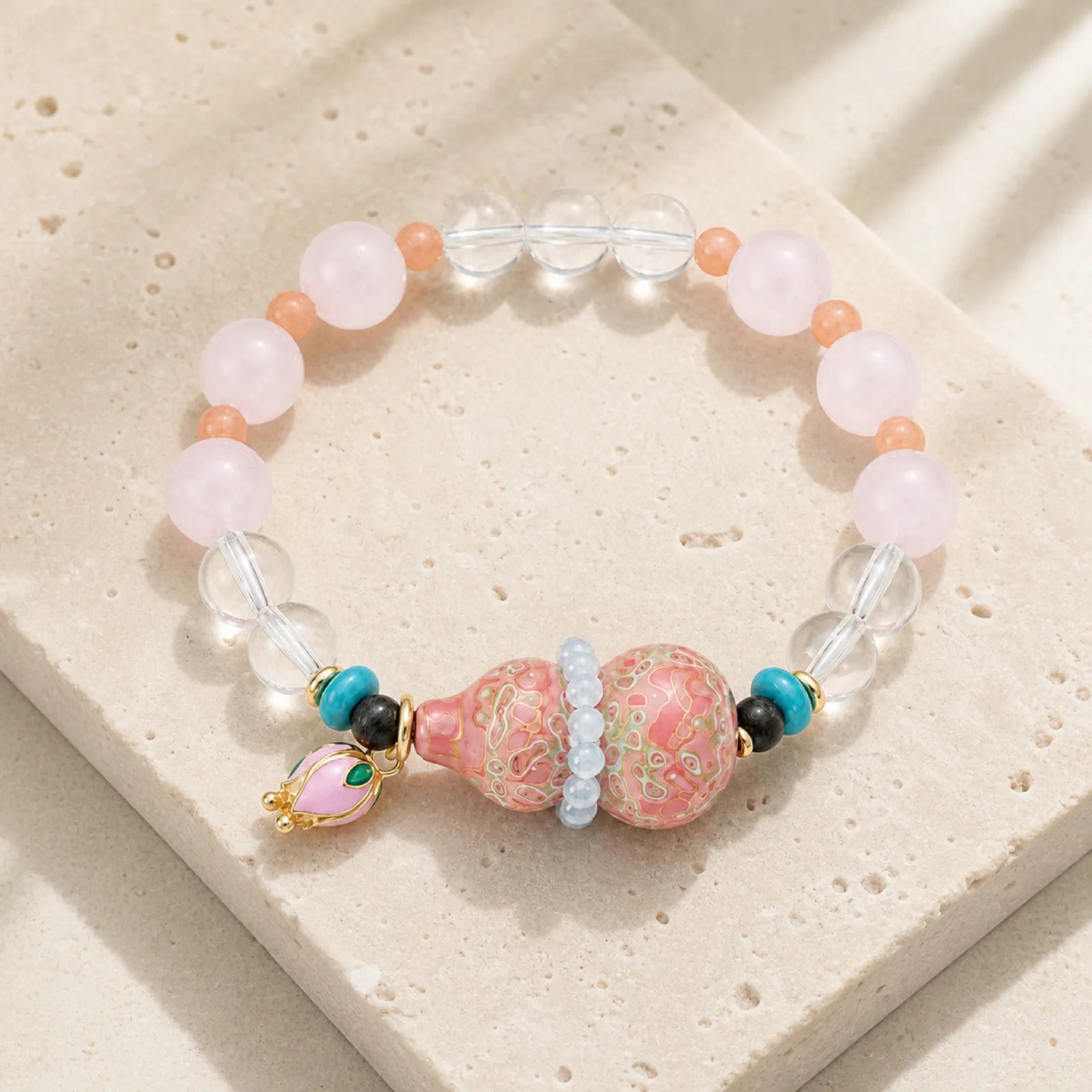 Rose Quartz & Multi-Gemstone Bracelet with Lacquerware Double Gourd Pendant - 05 modern minimal 5 11zon 446505f7 e810 4f61 8f9a 87f739ef3d