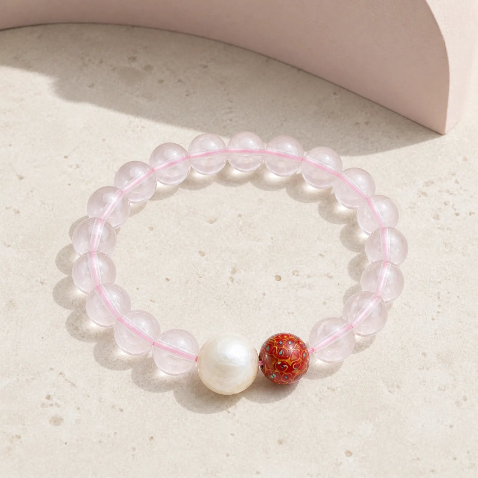 Rose Quartz & Lacquerware Bead Bracelet with Pearl Accent - 05 modern minimal 5 11zon 5724a50c e67d 4349 b748 6aff9a92ab