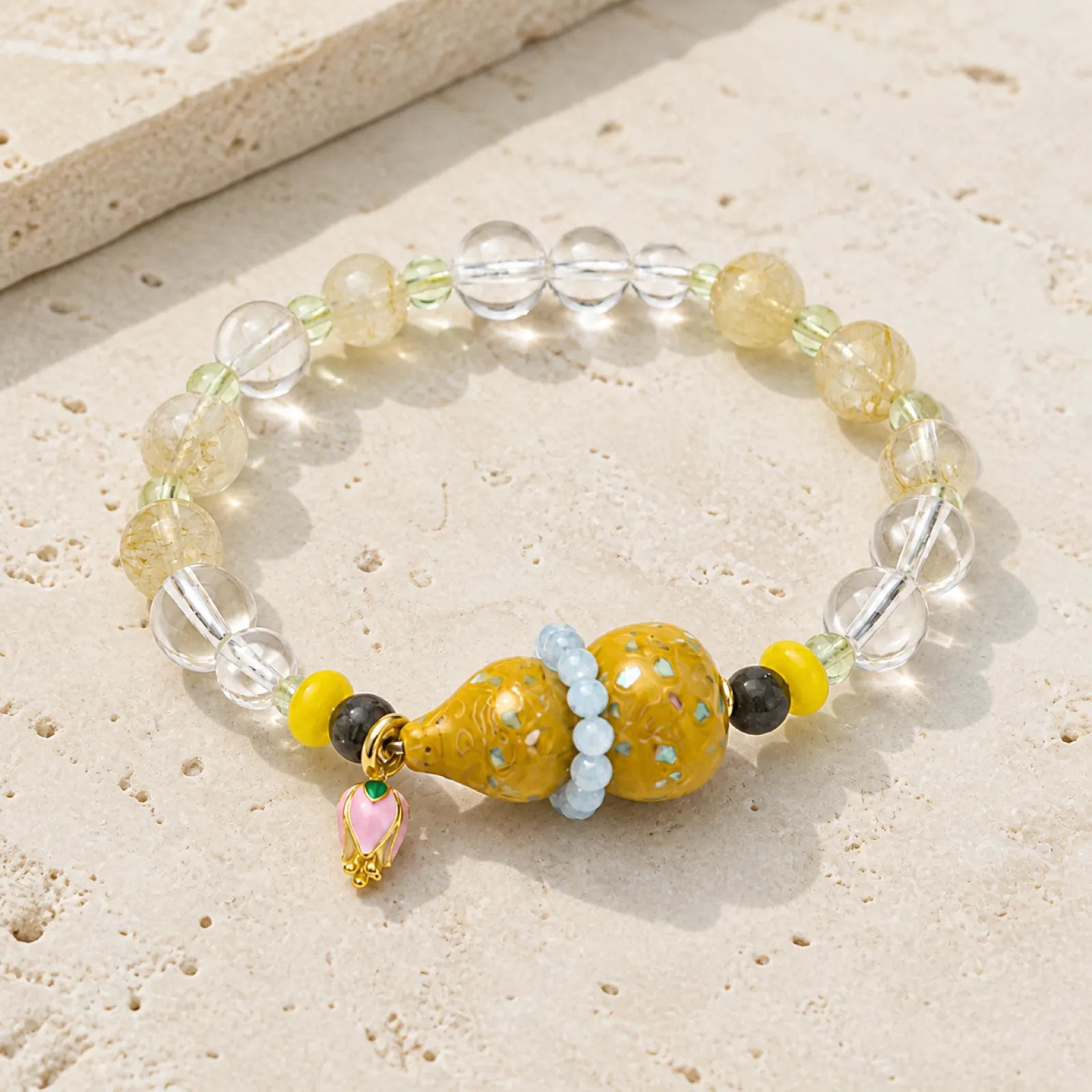 Clear & Citrine Quartz Bracelet with Yellow Lacquerware Double Gourd Pendant - 05 modern minimal 5 11zon 612016a5 ddb0 4926 99ba 8b140349930e