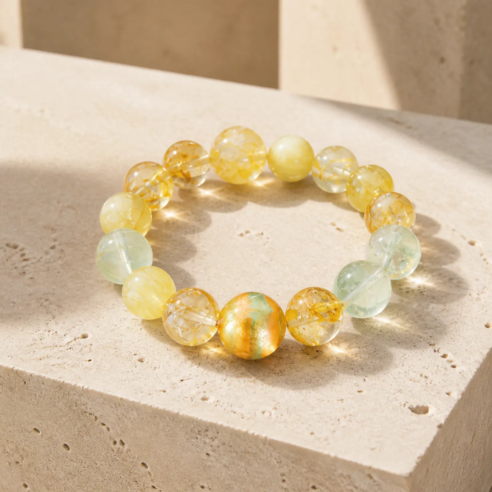 Citrine & Green Phantom Quartz Mixed Bracelet - on minimalist stone surface