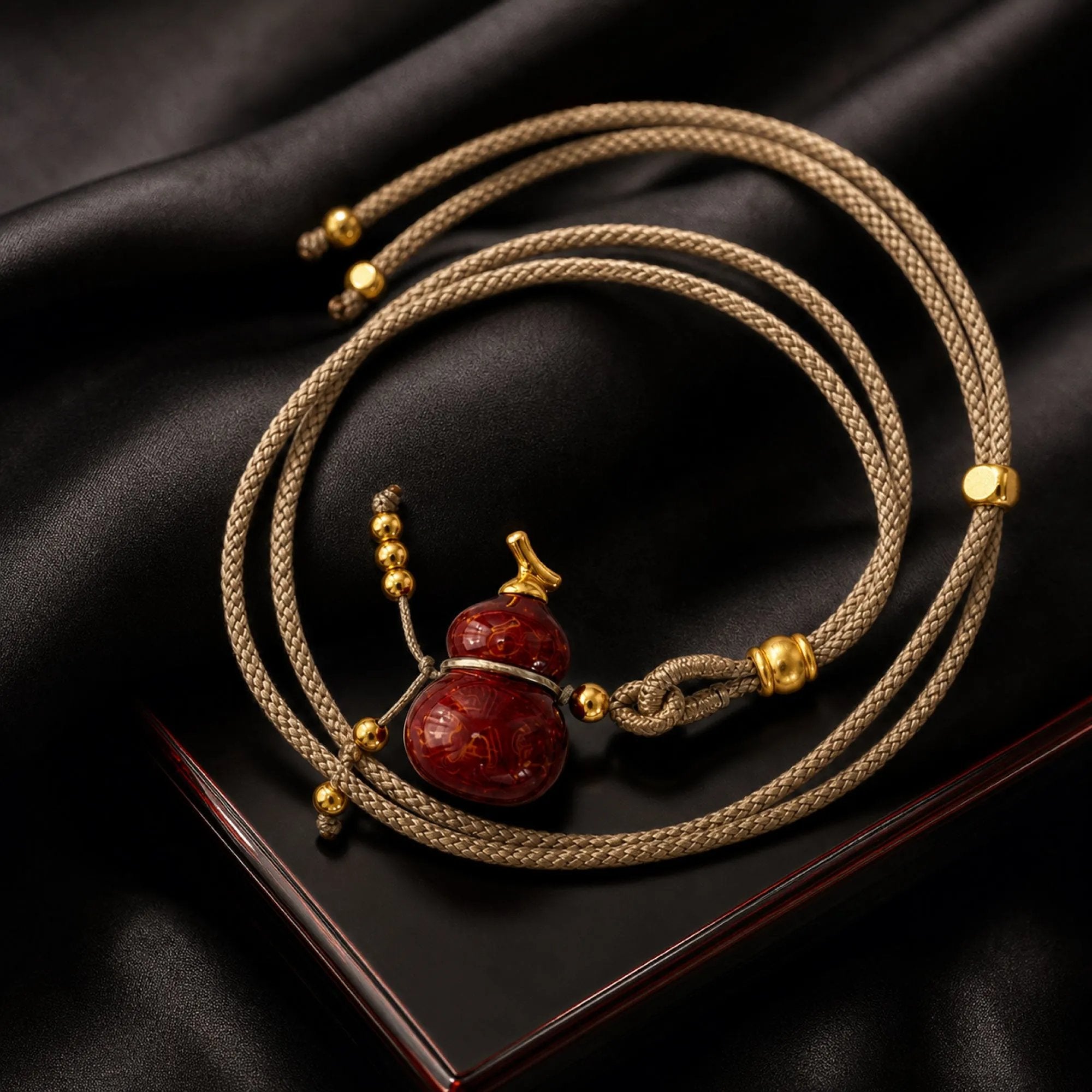 Chinese Lacquerware Gourd Necklace - Jujube Red