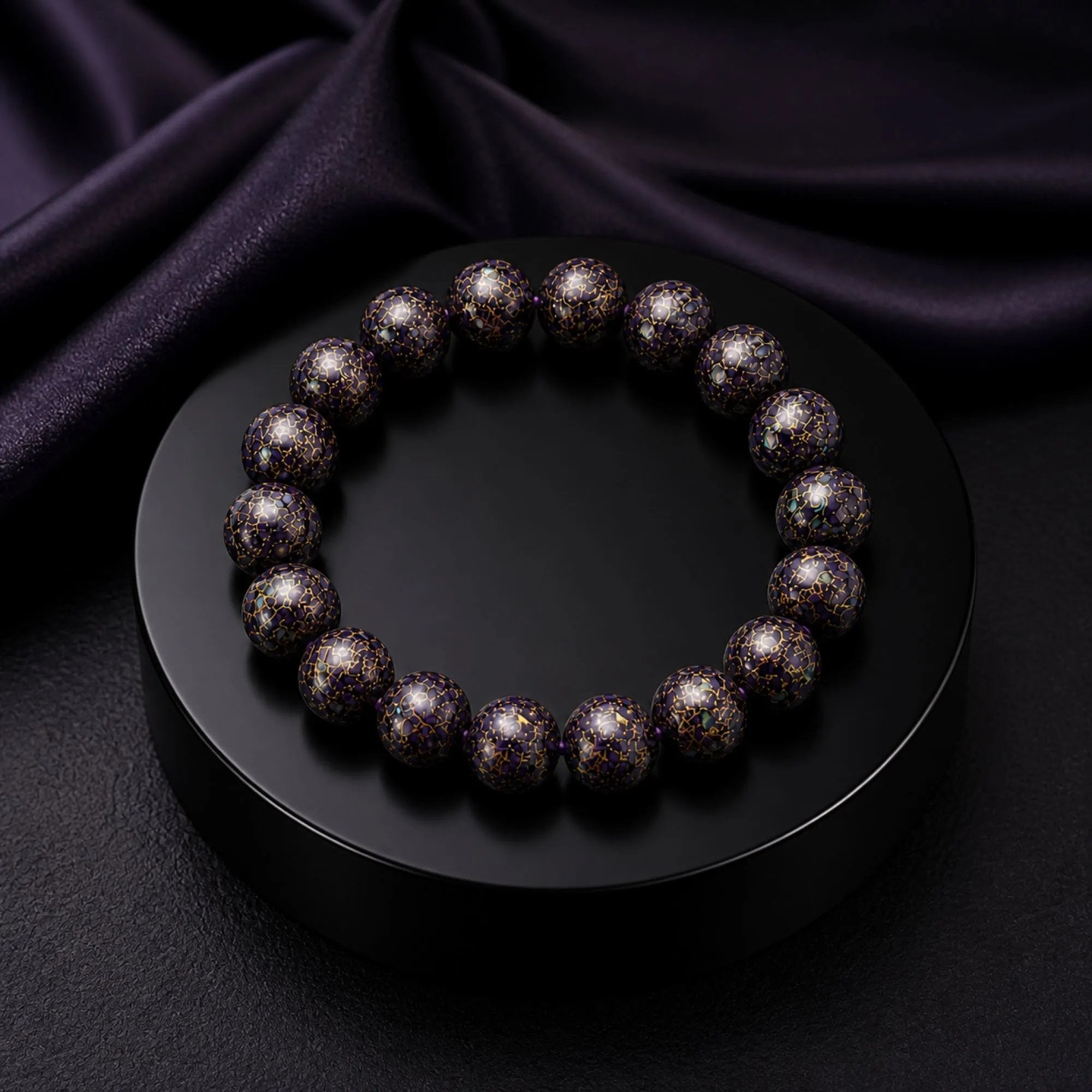 Chinese Lacquerware Beaded Bracelet - Plum Black