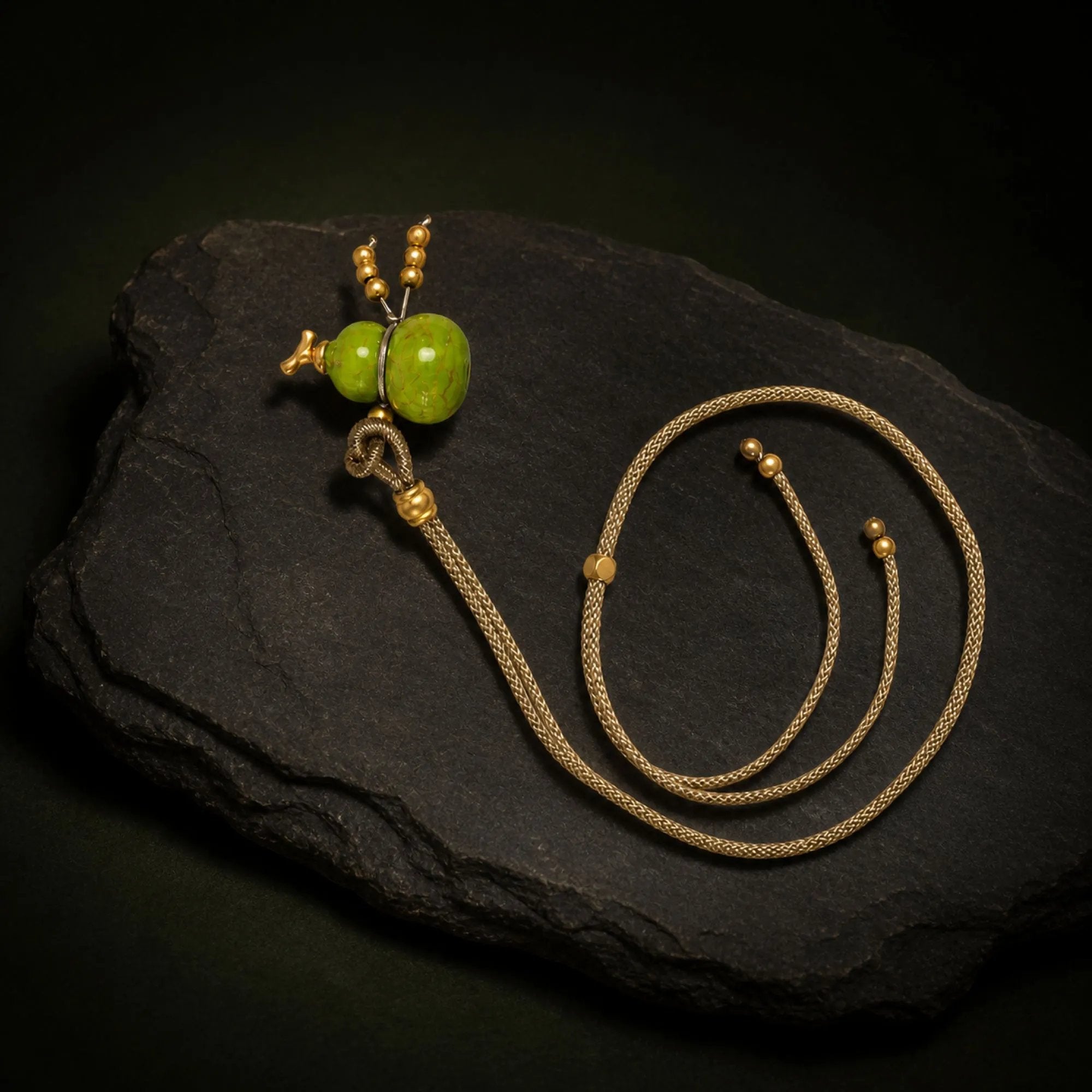 Chinese Lacquerware Gourd Necklace - Sage Green