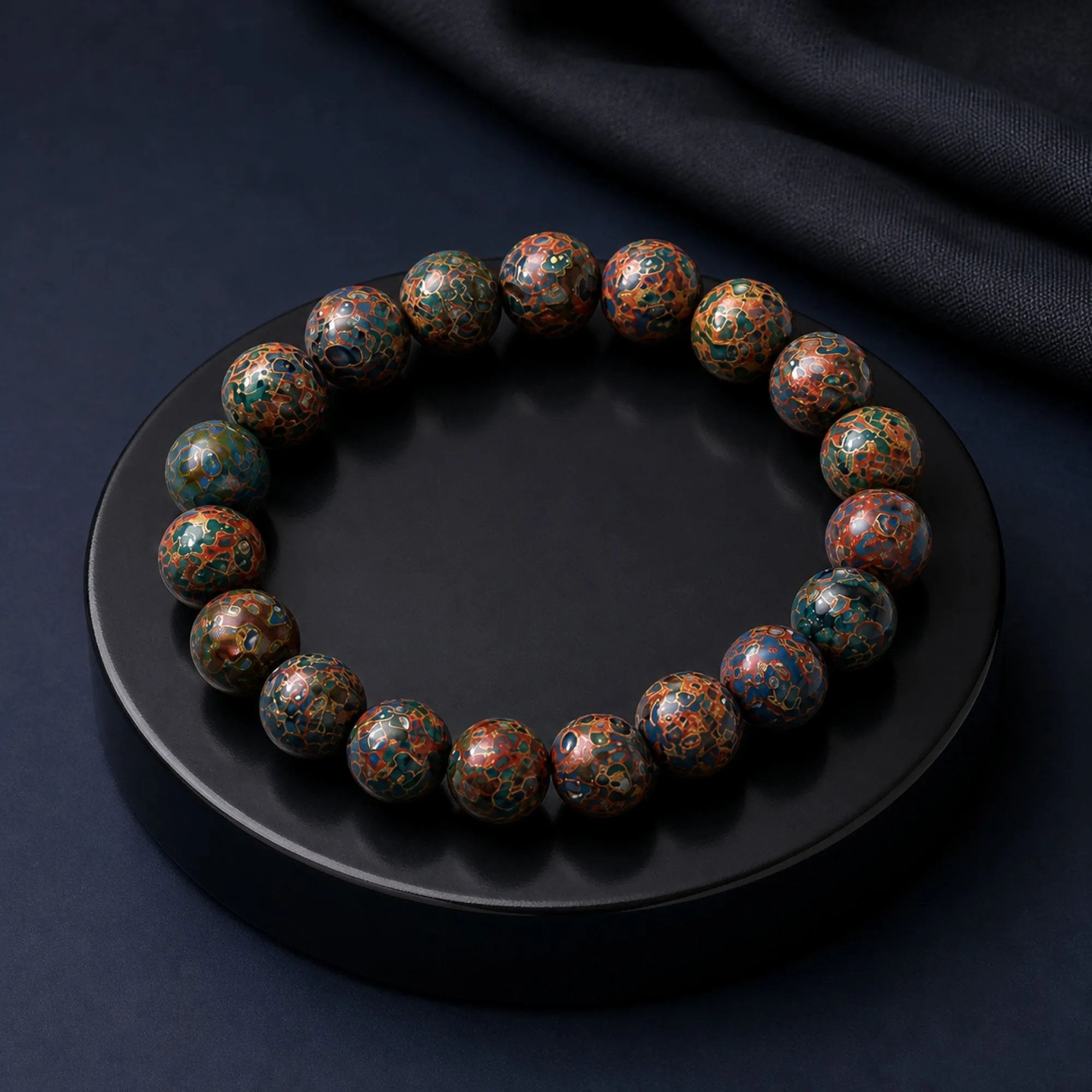 Chinese Lacquerware Beaded Bracelet - Floral Pattern
