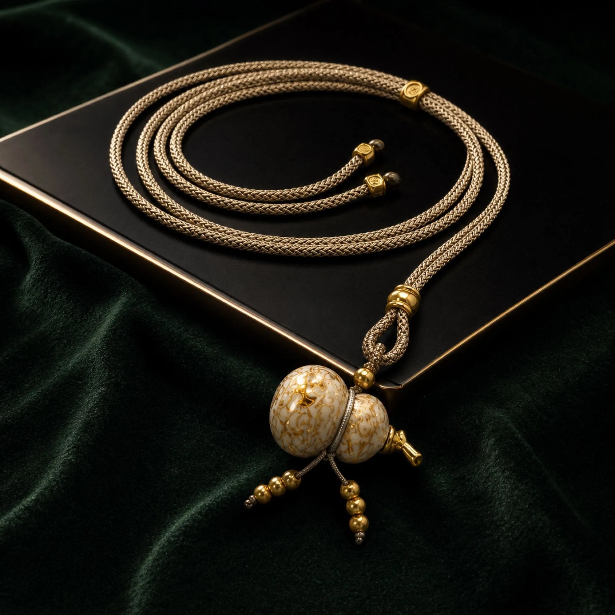 Chinese Lacquerware Gourd Necklace - Cream & Gold