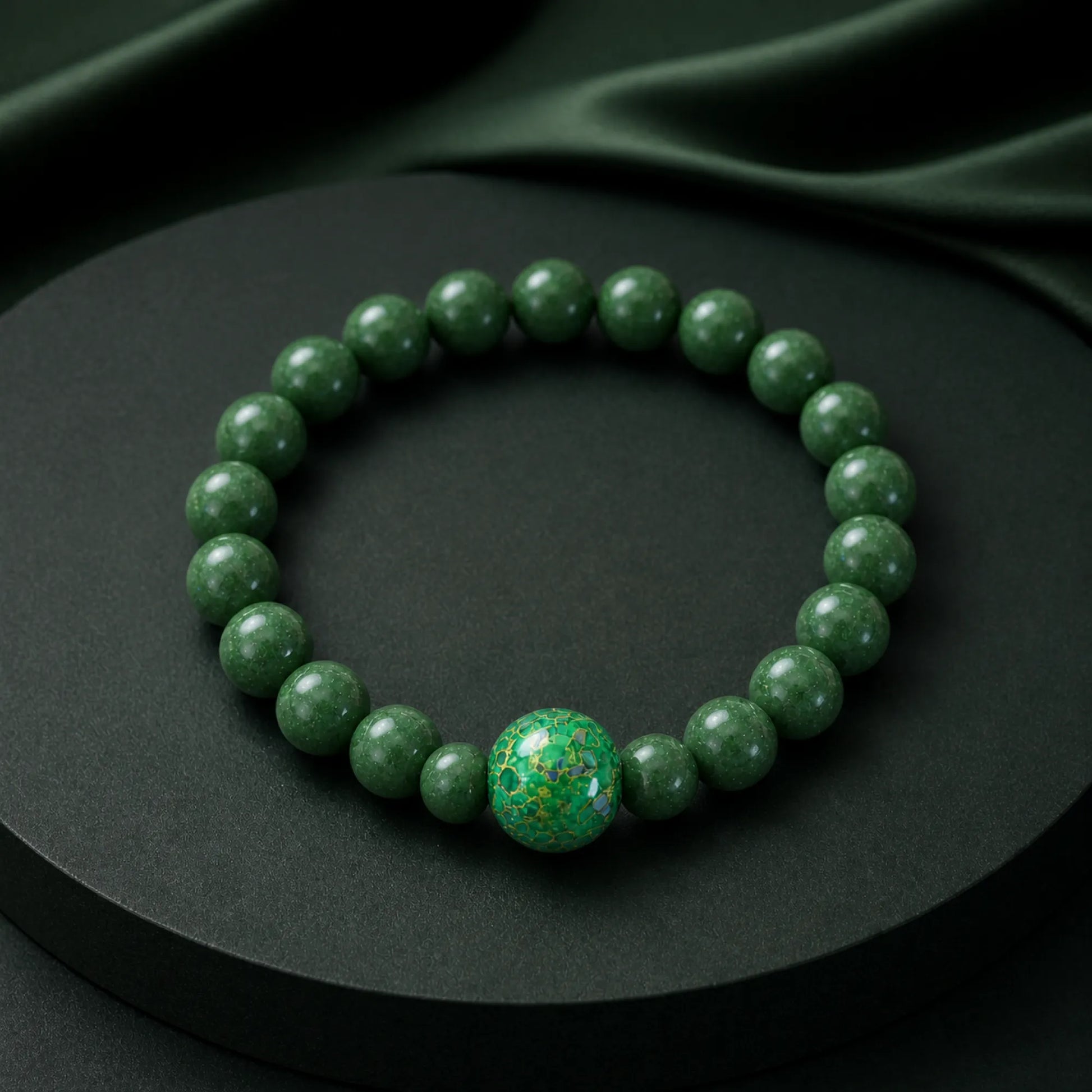 Lacquerware & Aromatic Herbal Beaded Stretch Bracelet — Green Yuzu Luck - lifestyle scene 3