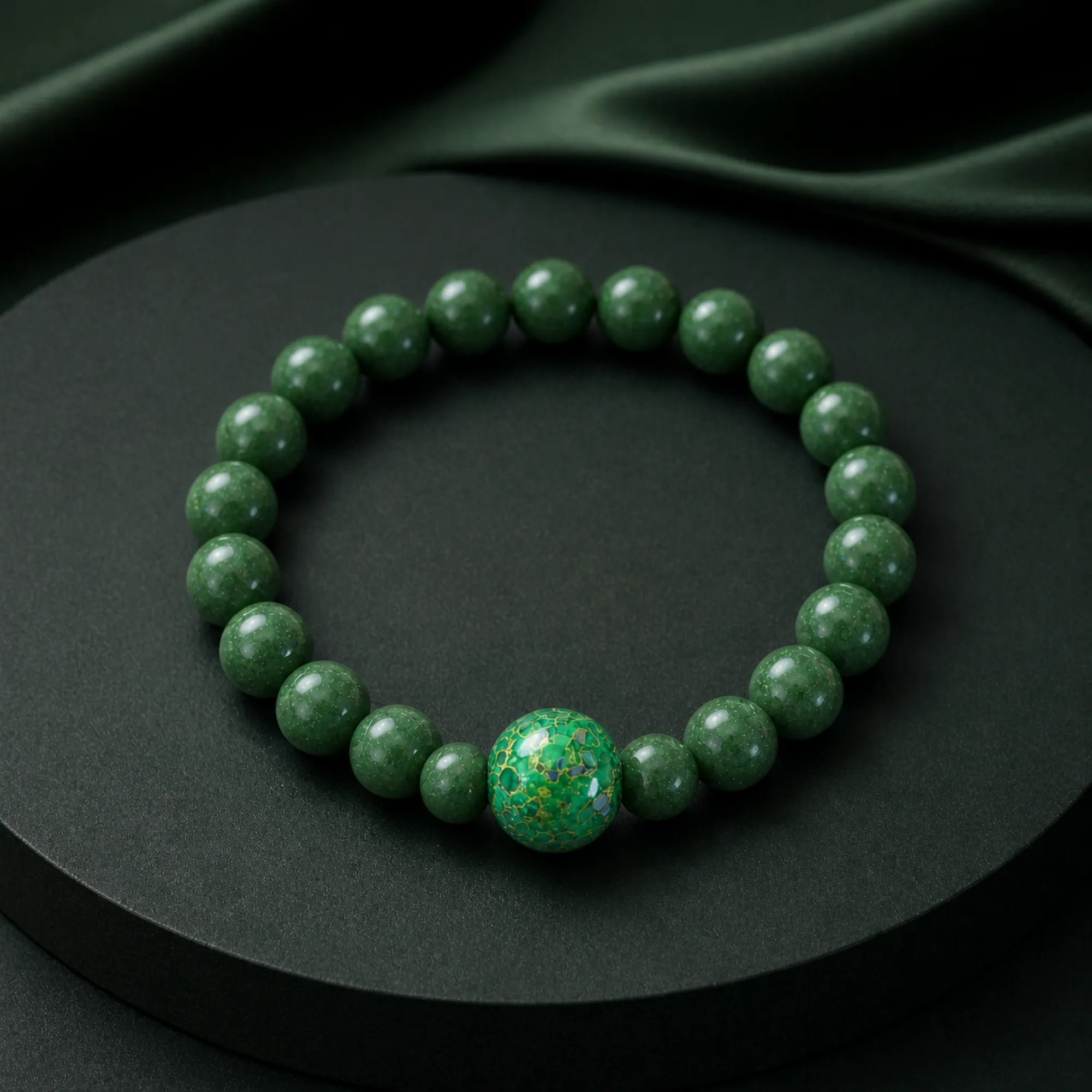 Lacquerware & Aromatic Herbal Beaded Stretch Bracelet — Green Yuzu Luck - lifestyle scene 3