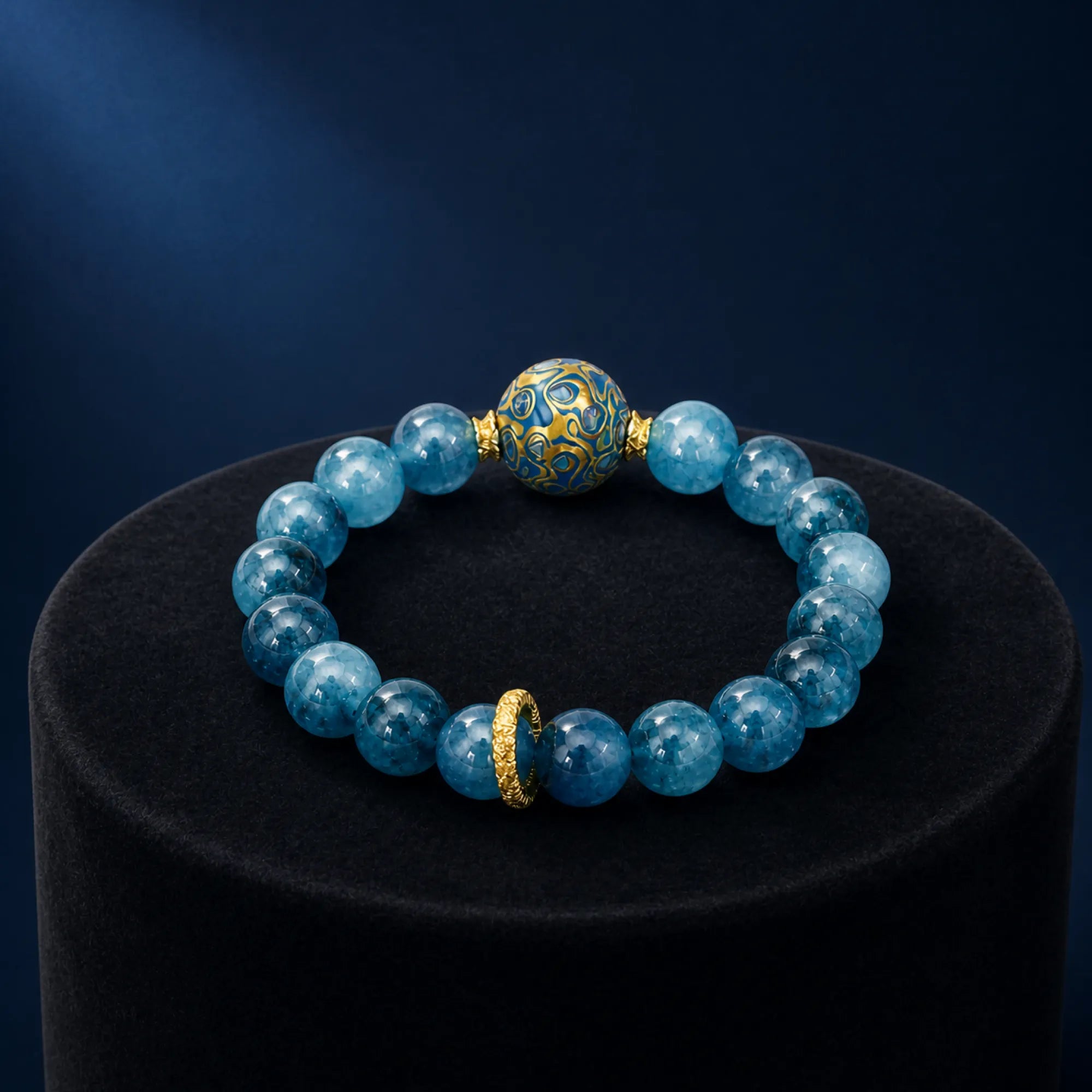 Blue Chalcedony & Lacquerware Bead Bracelet with Brass Accents - lifestyle scene 3