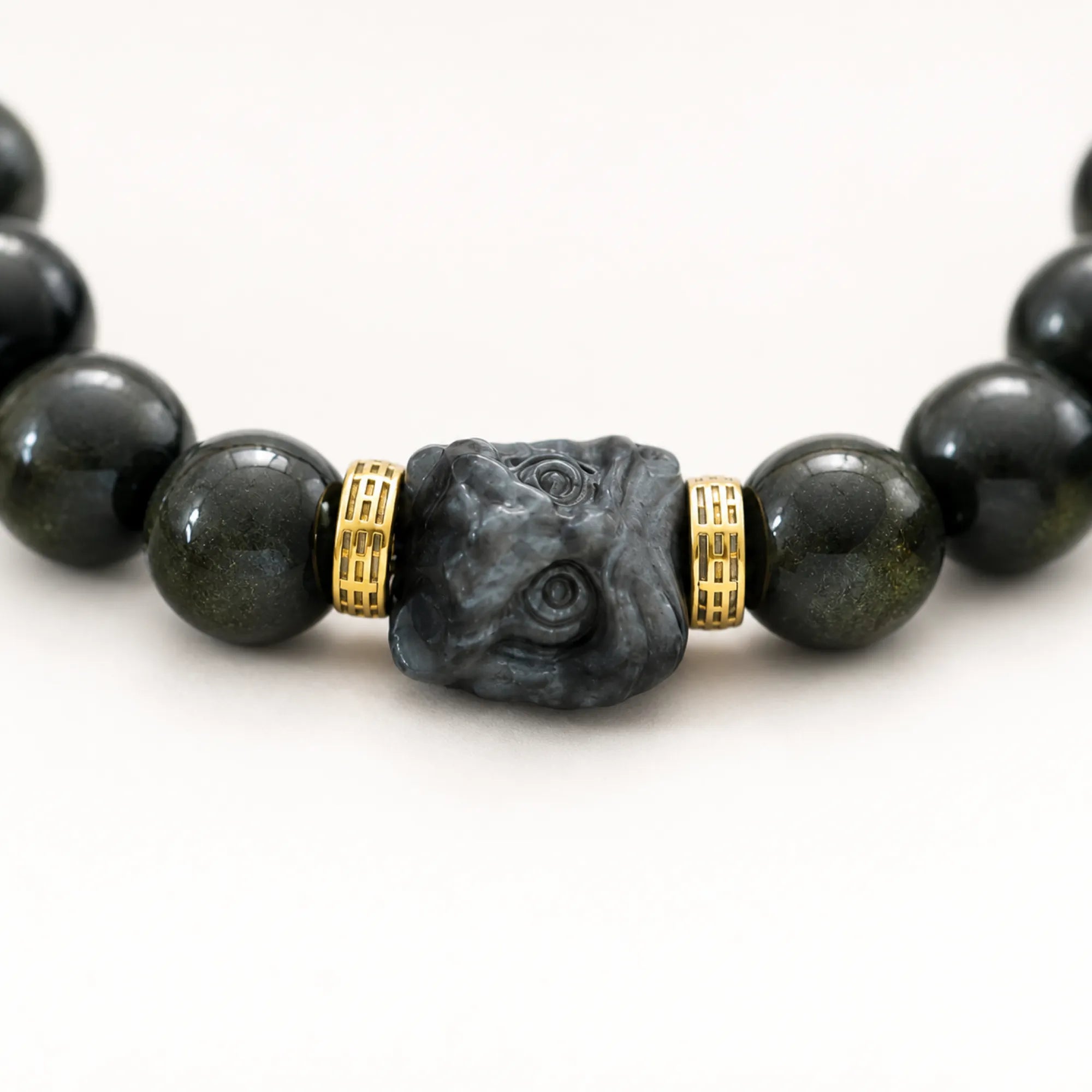 Guardian Deity Carved Bracelet | Black Obsidian & 18K Gold - detail view