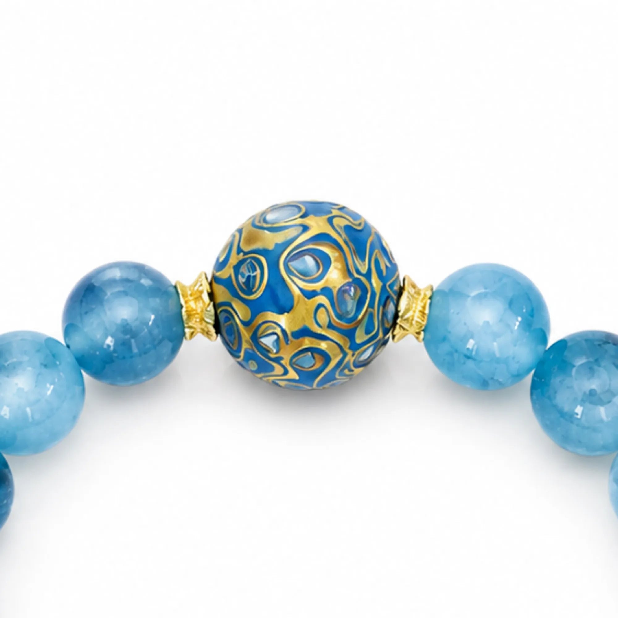 Blue Chalcedony & Lacquerware Bead Bracelet with Brass Accents - detail view