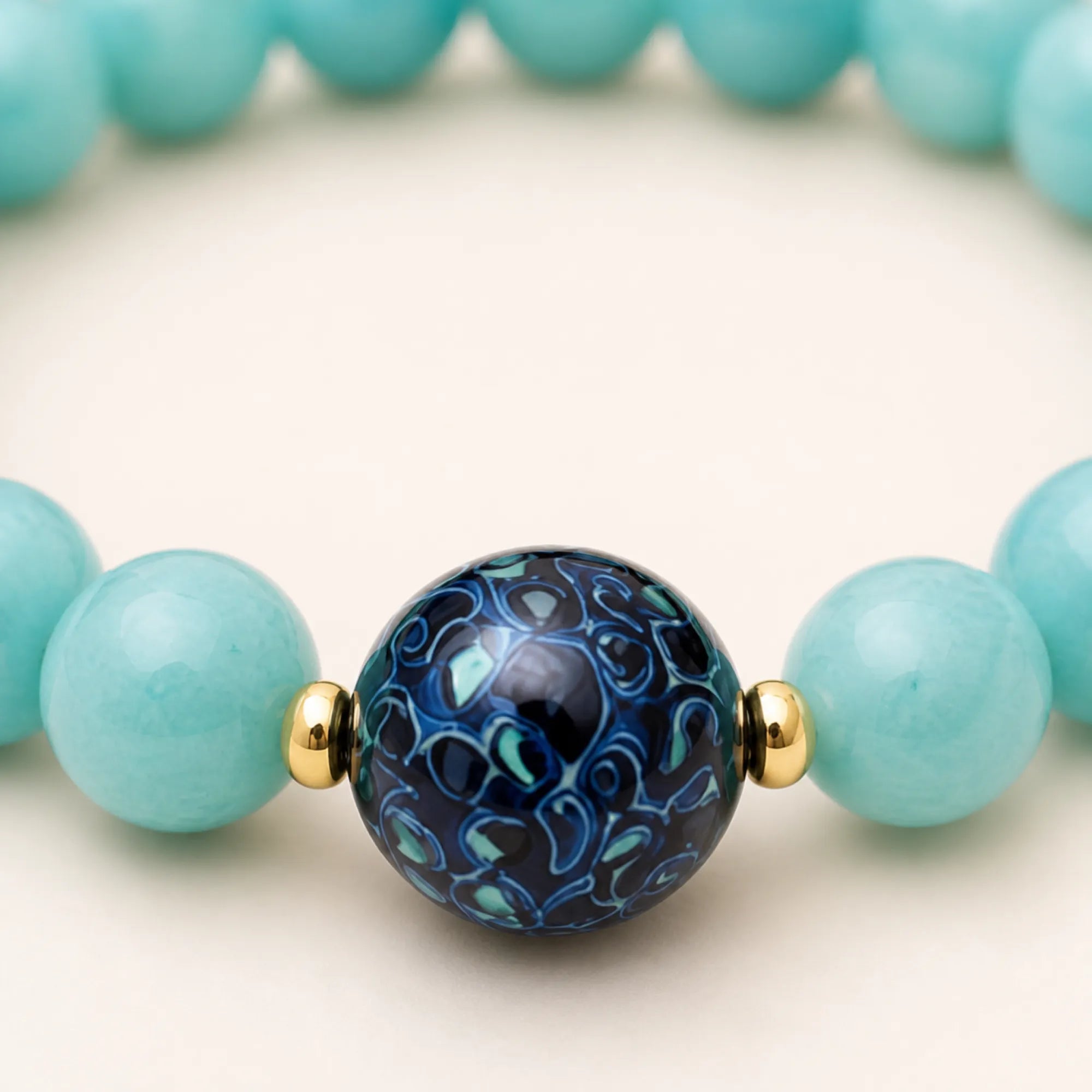 Aquamarine & Lacquerware Focal Bead Bracelet - detail view