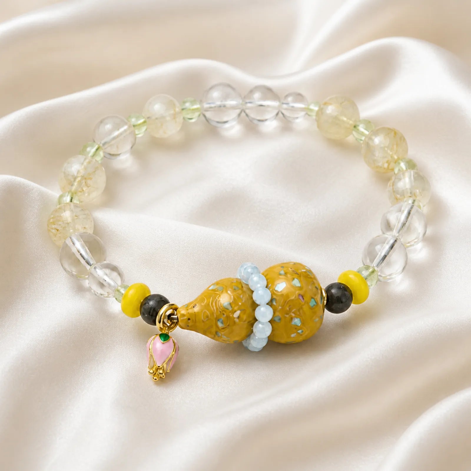 Clear & Citrine Quartz Bracelet with Yellow Lacquerware Double Gourd Pendant - 06 ivory silk 6 11zon 32de359d 7a0a 4d53 ac45 d9e9979cdf