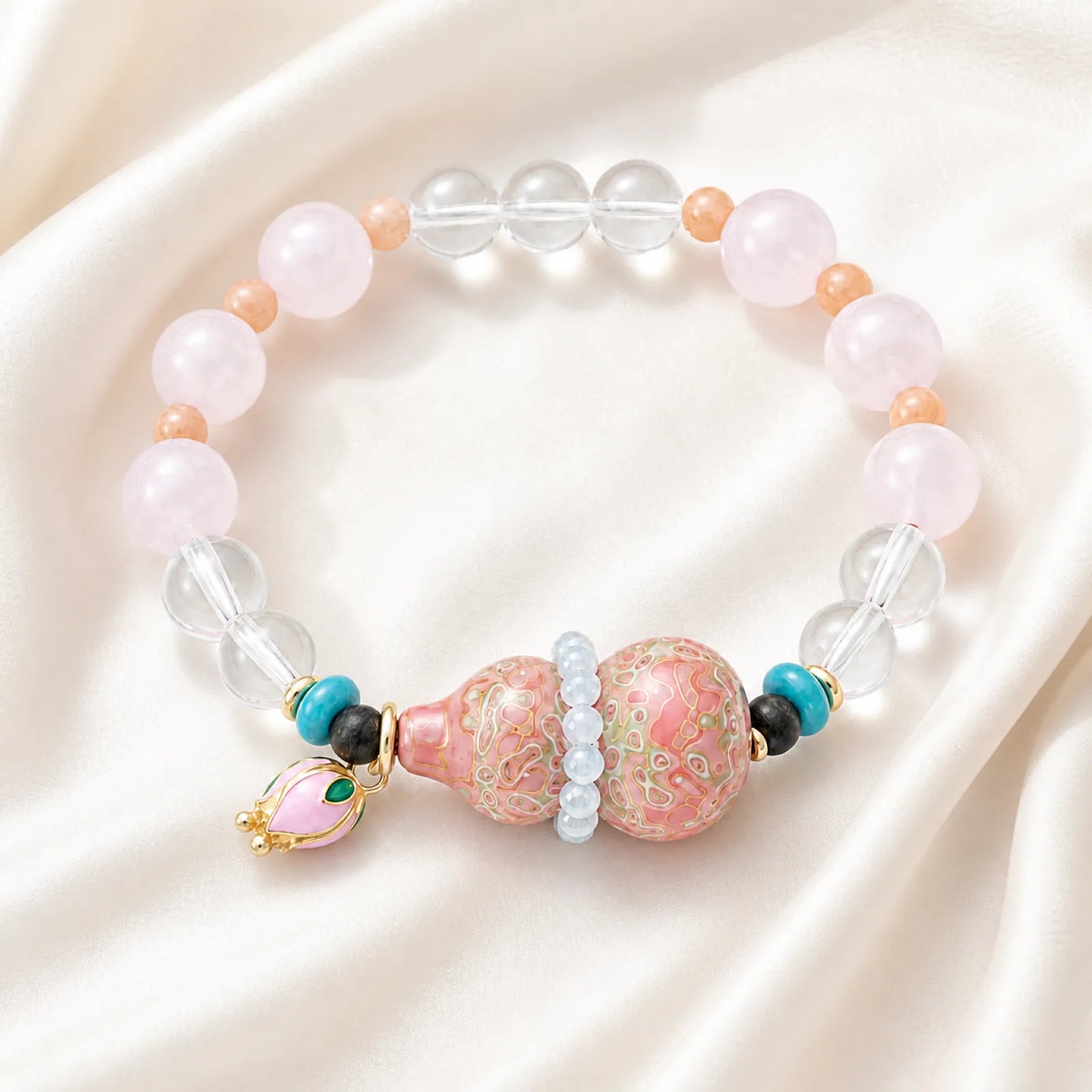 Rose Quartz & Multi-Gemstone Bracelet with Lacquerware Double Gourd Pendant - 06 ivory silk 6 11zon 8dac4d19 4fbe 47d8 9a29 5ed40394f0c
