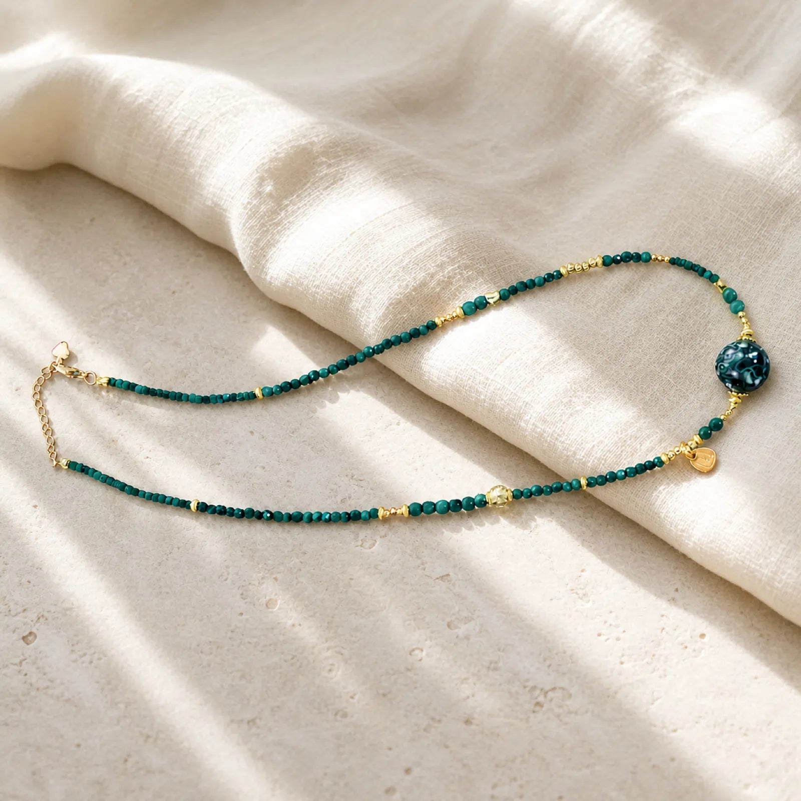Lacquerware & Turquoise Beaded Necklace with 18K Gold Accents - 06 natural silk