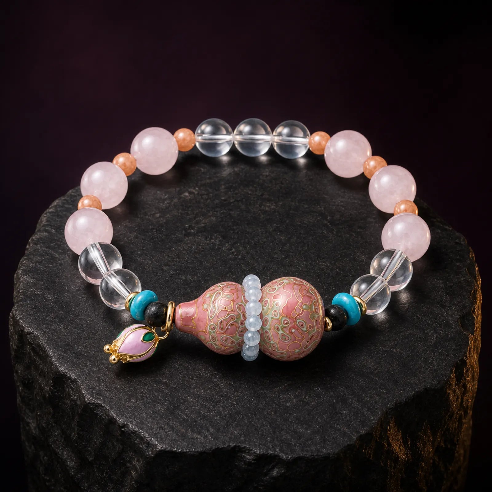 Rose Quartz & Multi-Gemstone Bracelet with Lacquerware Double Gourd Pendant - 07 premium dark 7 11zon 90255364 8310 46ef a4a2 6adf0497e4a