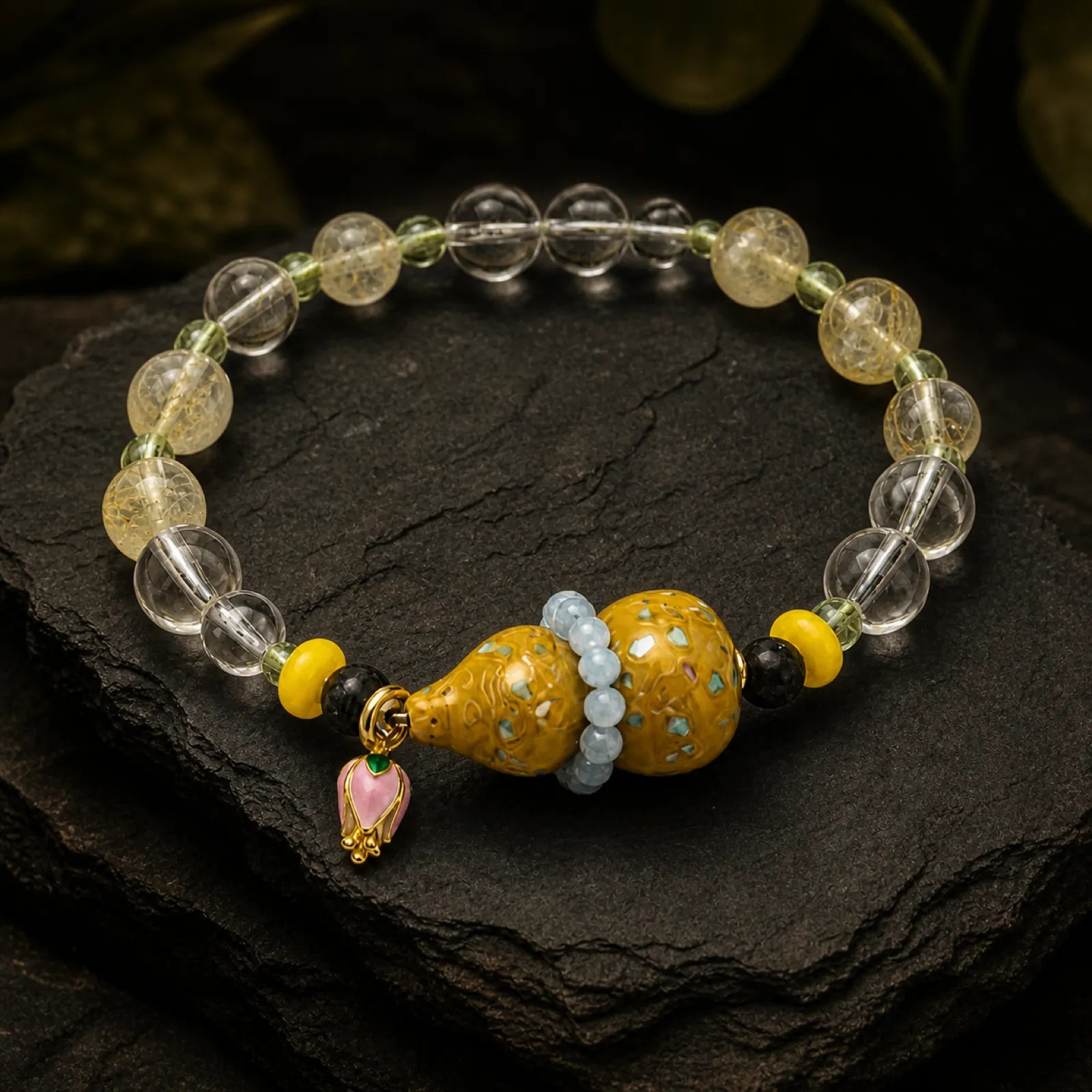 Clear & Citrine Quartz Bracelet with Yellow Lacquerware Double Gourd Pendant - 07 premium dark 7 11zon b8139f05 1efc 4c48 adc5 7a99ebeba