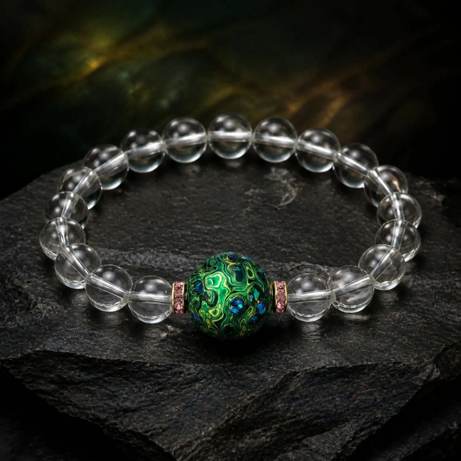 Clear Quartz & Green Lacquerware Bead Bracelet with Crystal Spacers - 07 premium dark 7 11zon fba478f3 fc6c 4282 91bf f3071c1e1edb