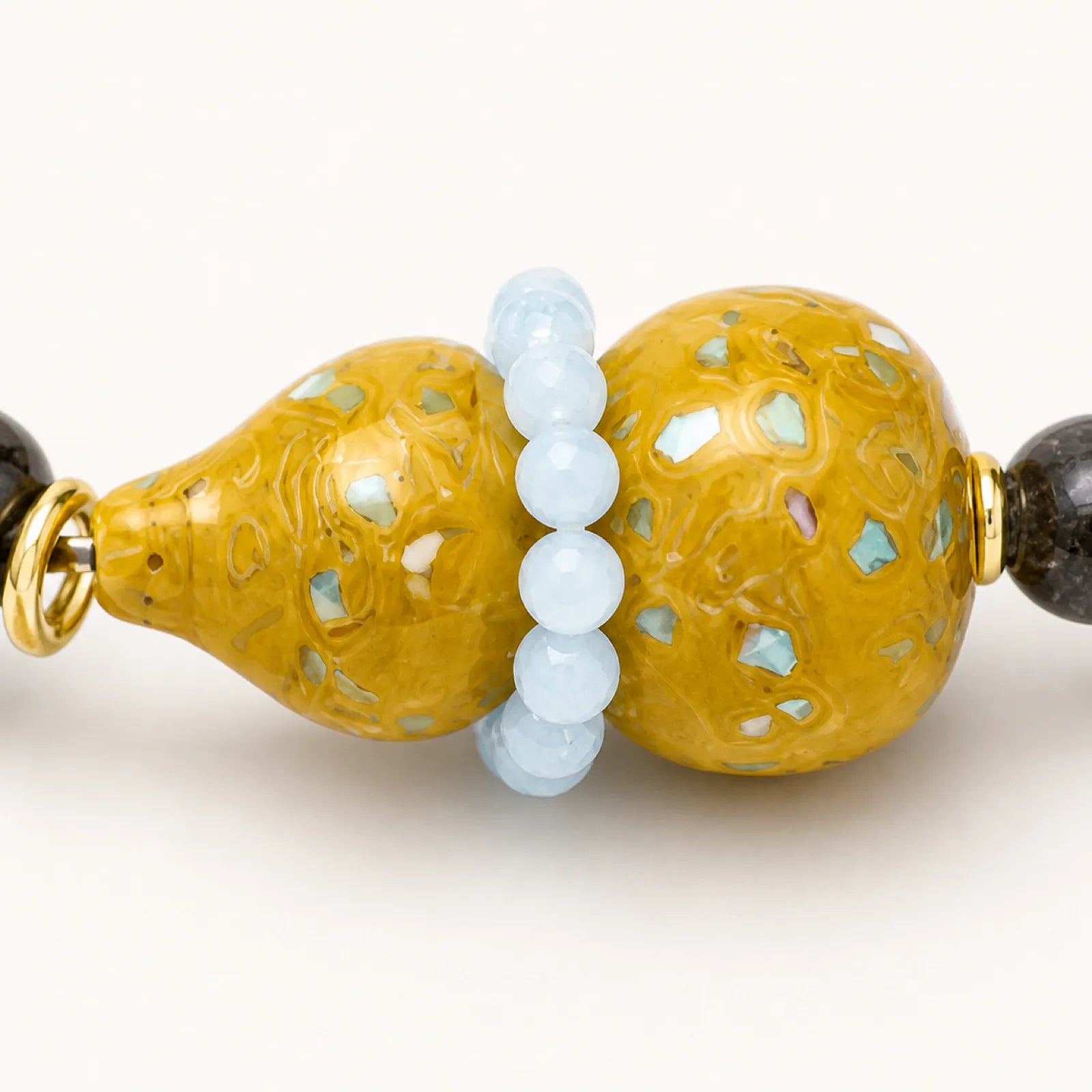 Clear & Citrine Quartz Bracelet with Yellow Lacquerware Double Gourd Pendant - detail view 3