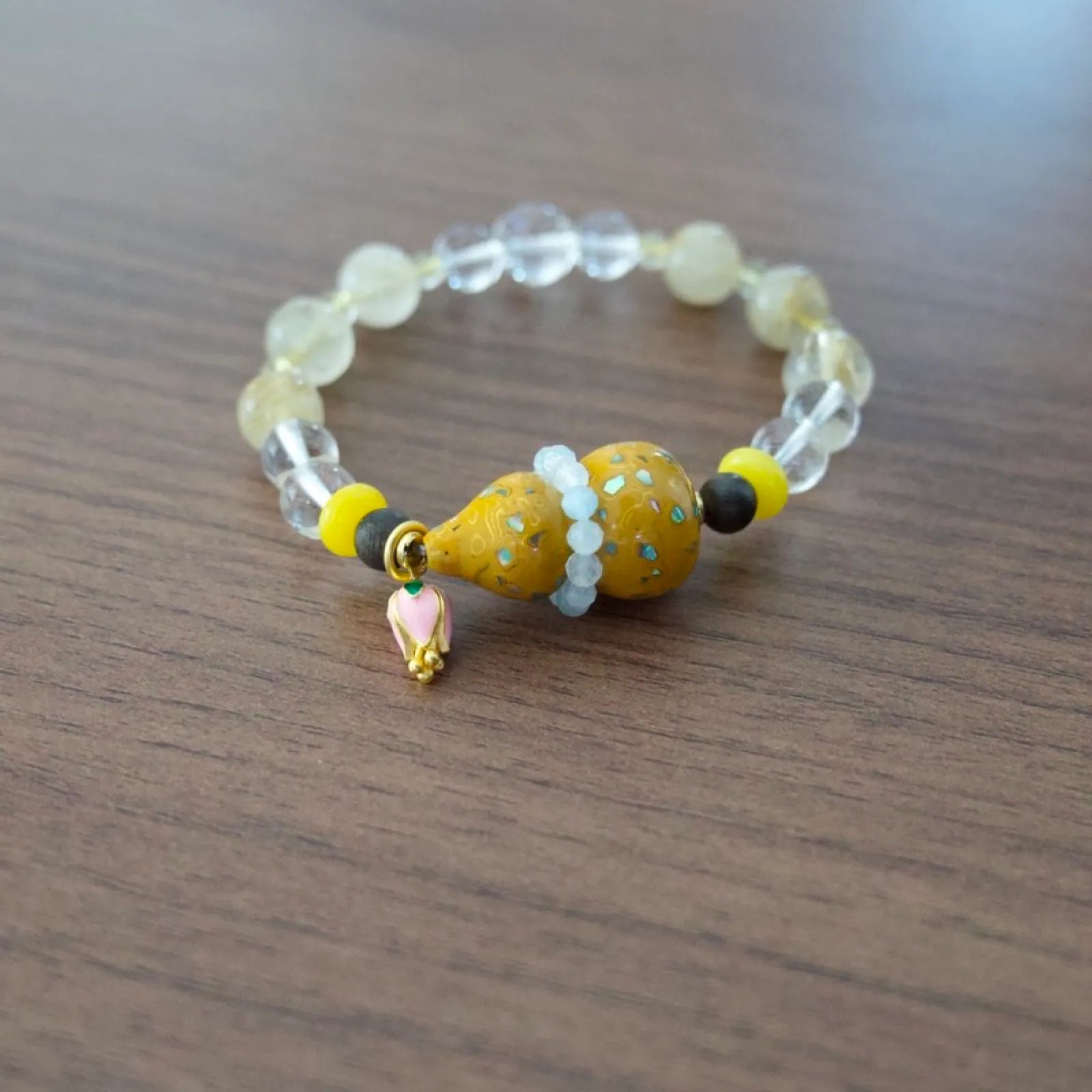 Clear & Citrine Quartz Bracelet with Yellow Lacquerware Double Gourd Pendant - detail view 4