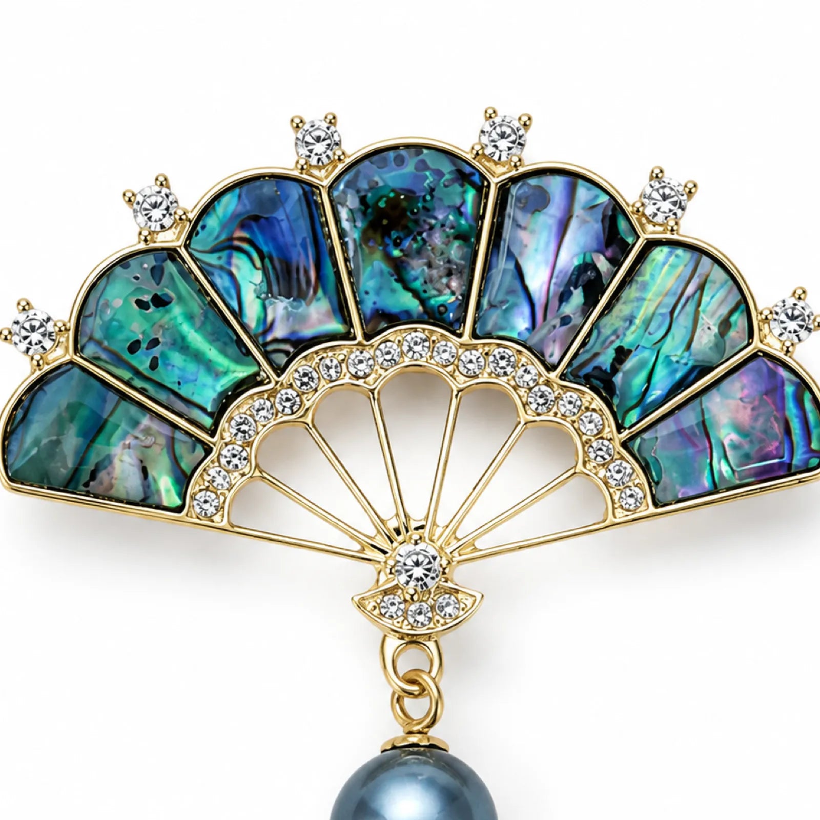 Abalone Shell Fan Pendant with Crystal Accents & Pearl Drop - detail view 4